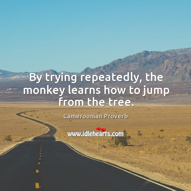 By trying repeatedly, the monkey learns how to jump from the tree. Cameroonian Proverbs Image