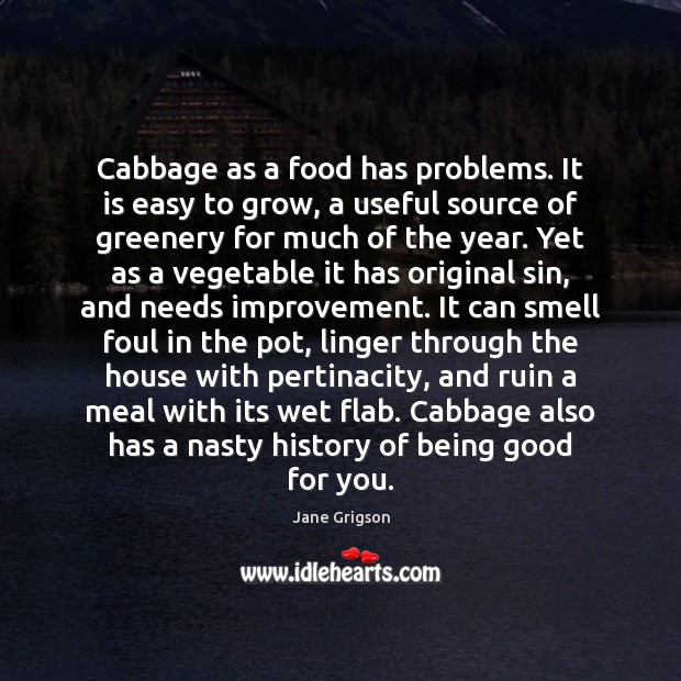 Cabbage as a food has problems. It is easy to grow, a Jane Grigson Picture Quote