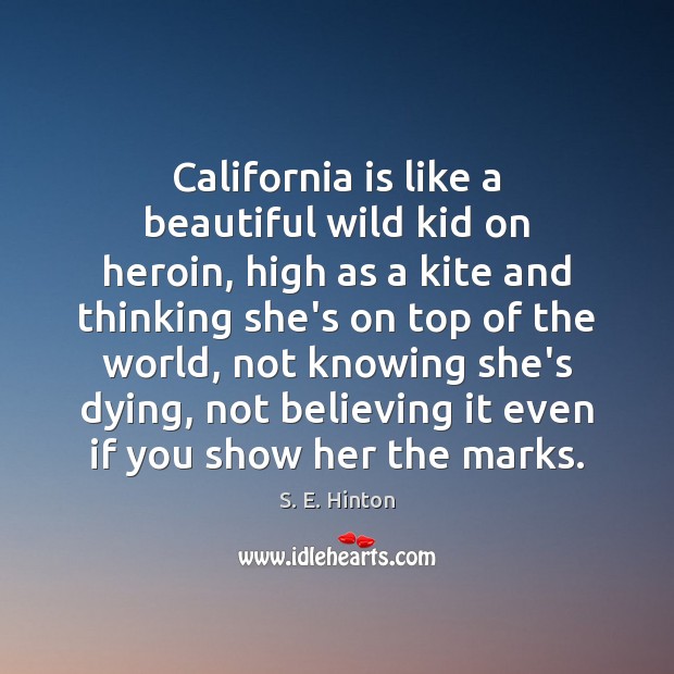 California is like a beautiful wild kid on heroin, high as a S. E. Hinton Picture Quote