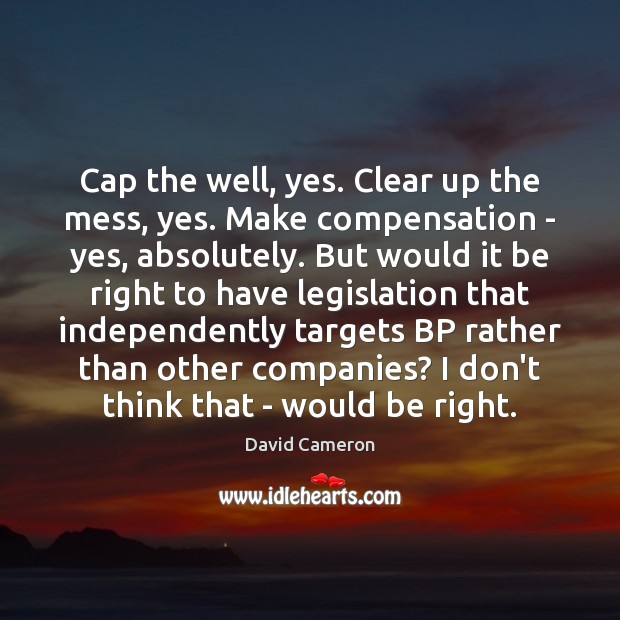 Cap the well, yes. Clear up the mess, yes. Make compensation – David Cameron Picture Quote