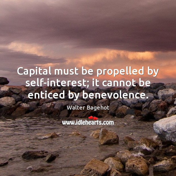 Capital must be propelled by self-interest; it cannot be enticed by benevolence. Walter Bagehot Picture Quote