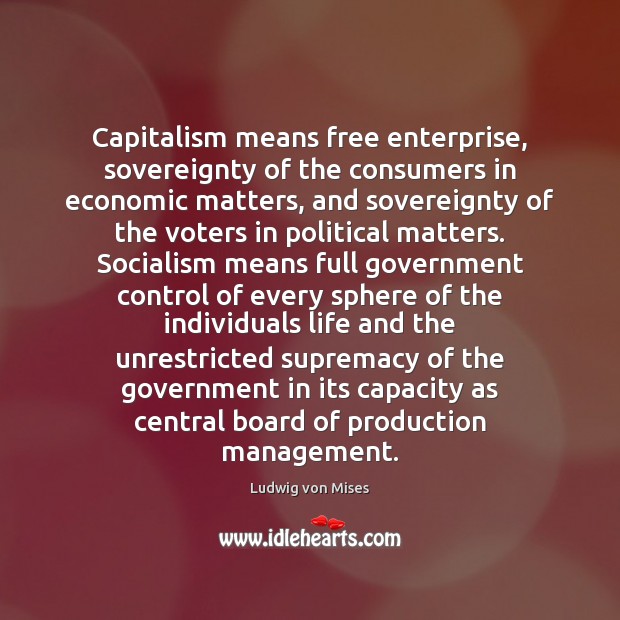 Capitalism means free enterprise, sovereignty of the consumers in economic matters, and Image