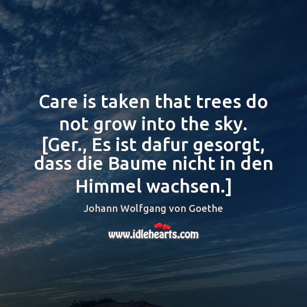 Care is taken that trees do not grow into the sky. [Ger., Johann Wolfgang von Goethe Picture Quote