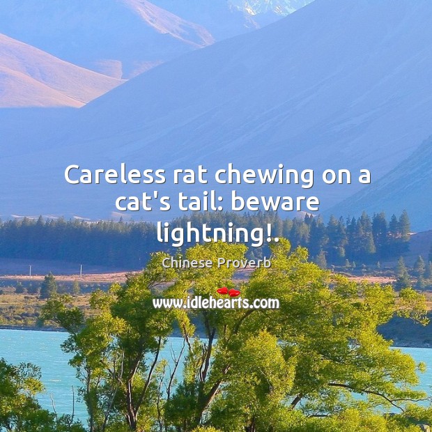 Careless rat chewing on a cat’s tail: beware lightning!. Chinese Proverbs Image