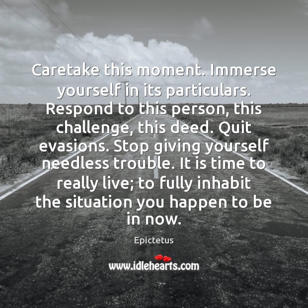 Caretake this moment. Immerse yourself in its particulars. Respond to this person, Epictetus Picture Quote