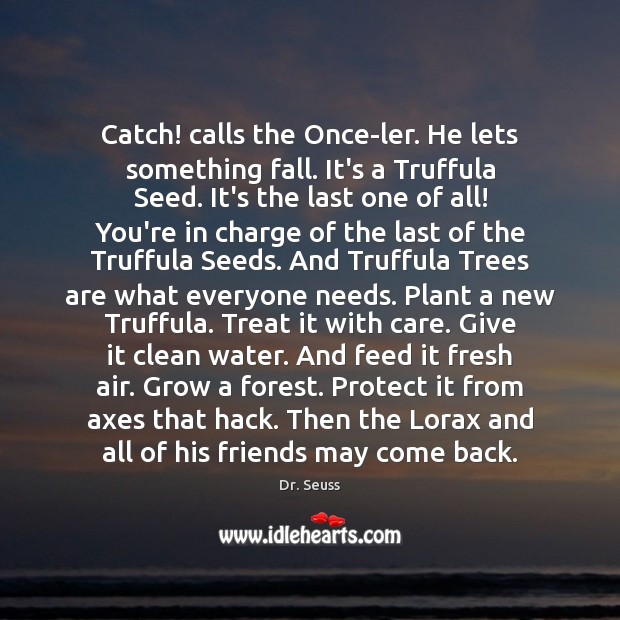Catch! calls the Once-ler. He lets something fall. It’s a Truffula Seed. Dr. Seuss Picture Quote