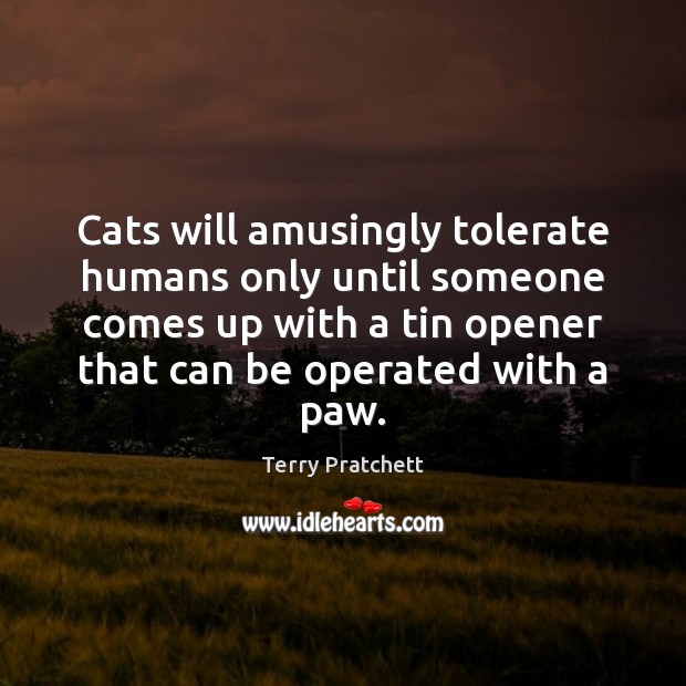 Cats will amusingly tolerate humans only until someone comes up with a Terry Pratchett Picture Quote