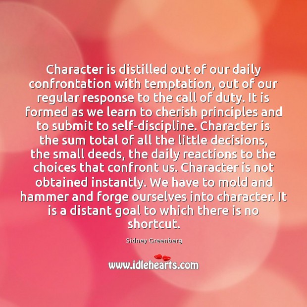 Character is distilled out of our daily confrontation with temptation, out of Sidney Greenberg Picture Quote
