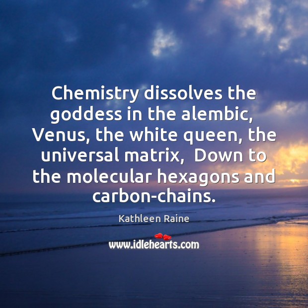 Chemistry dissolves the Goddess in the alembic,  Venus, the white queen, the Image