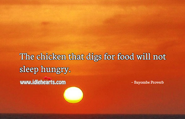 The chicken that digs for food will not sleep hungry. Bayombe Proverbs Image