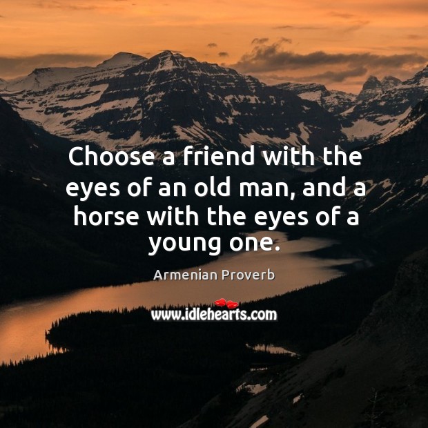 Choose a friend with the eyes of an old man, and a horse with the eyes of a young one. Armenian Proverbs Image
