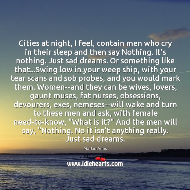 Cities at night, I feel, contain men who cry in their sleep Martin Amis Picture Quote