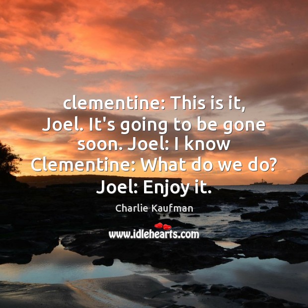 Clementine: This is it, Joel. It’s going to be gone soon. Joel: Charlie Kaufman Picture Quote