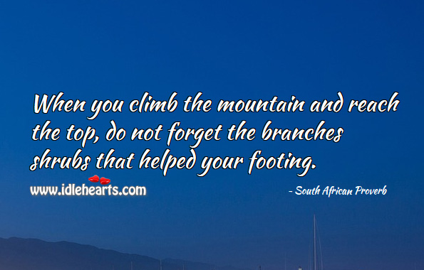 When you climb the mountain and reach the top, do not forget the branches shrubs that helped your footing. South African Proverbs Image