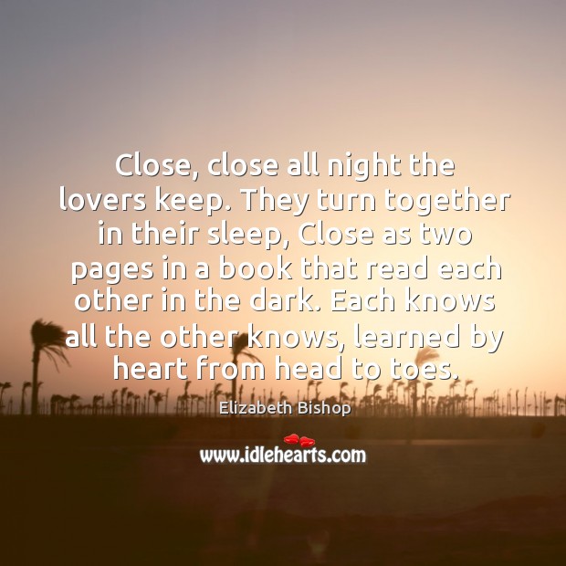 Close, close all night the lovers keep. They turn together in their Elizabeth Bishop Picture Quote