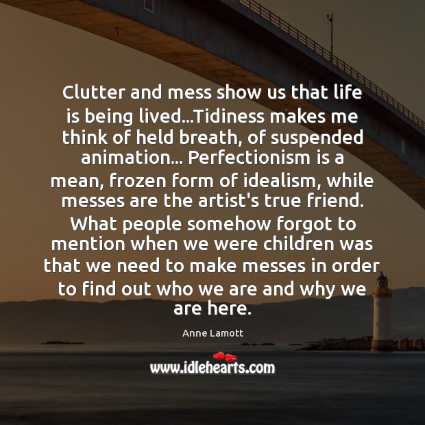 Clutter and mess show us that life is being lived…Tidiness makes Anne Lamott Picture Quote