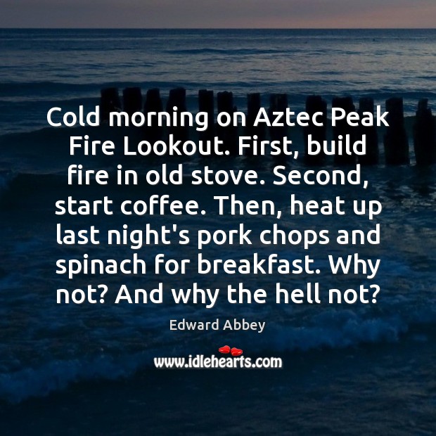 Cold morning on Aztec Peak Fire Lookout. First, build fire in old Edward Abbey Picture Quote