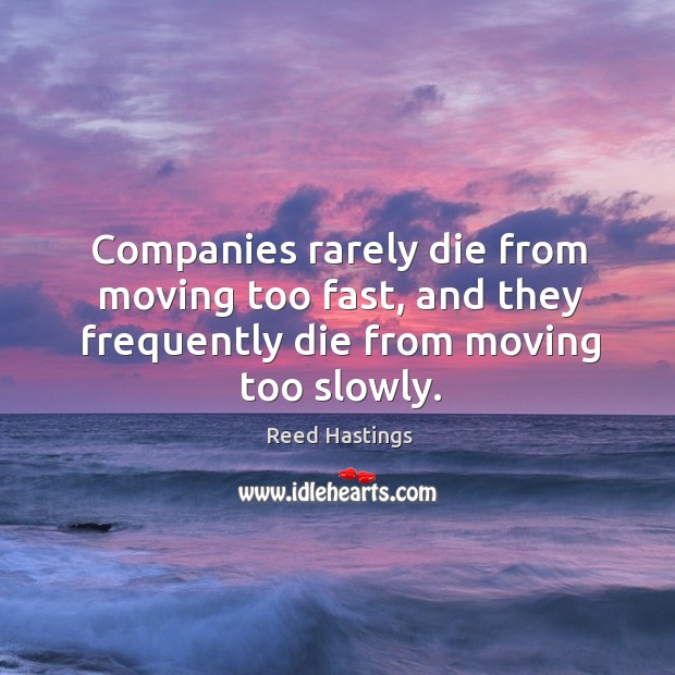 Companies rarely die from moving too fast, and they frequently die from moving too slowly. Reed Hastings Picture Quote