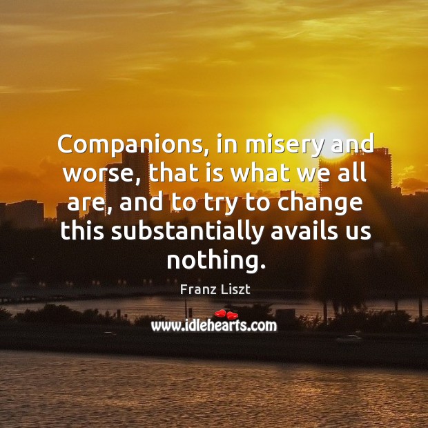 Companions, in misery and worse, that is what we all are, and to try to change this substantially avails us nothing. Franz Liszt Picture Quote