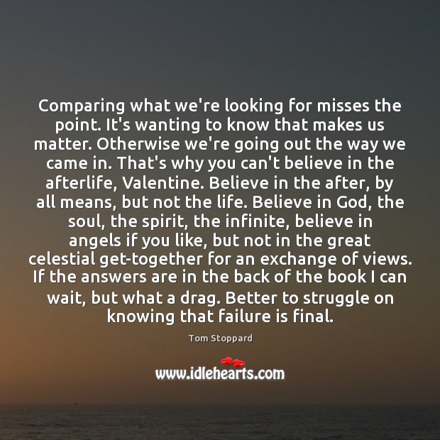 Comparing what we’re looking for misses the point. It’s wanting to know Tom Stoppard Picture Quote