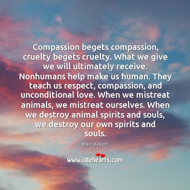 Compassion begets compassion, cruelty begets cruelty. What we give we will ultimately Marc Bekoff Picture Quote