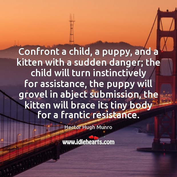 Confront a child, a puppy, and a kitten with a sudden danger; Hector Hugh Munro Picture Quote