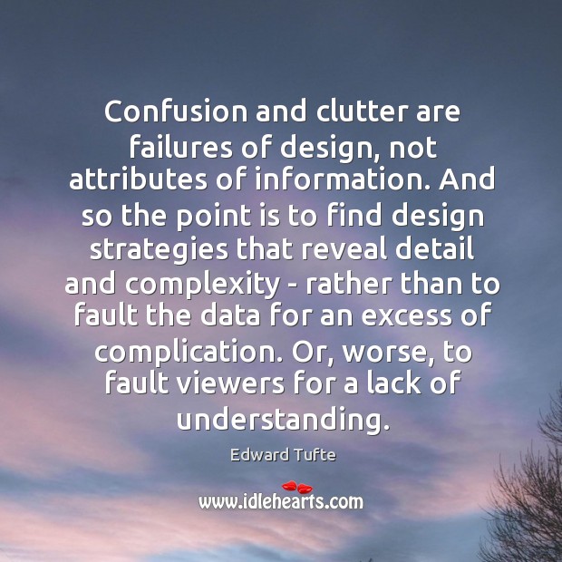 Confusion and clutter are failures of design, not attributes of information. And Edward Tufte Picture Quote