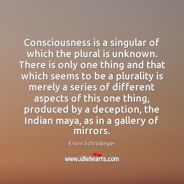 Consciousness is a singular of which the plural is unknown. There is Erwin Schrodinger Picture Quote