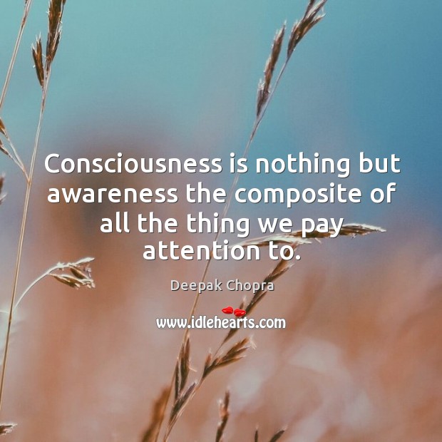 Consciousness is nothing but awareness the composite of all the thing we pay attention to. Deepak Chopra Picture Quote