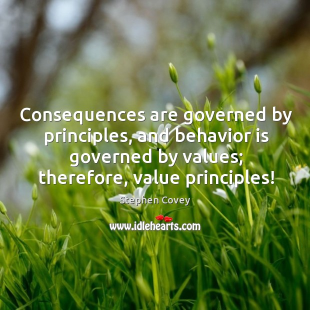 Consequences are governed by principles, and behavior is governed by values; therefore, Stephen Covey Picture Quote
