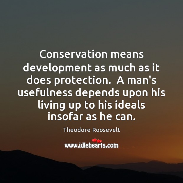 Conservation means development as much as it does protection.  A man’s usefulness Theodore Roosevelt Picture Quote