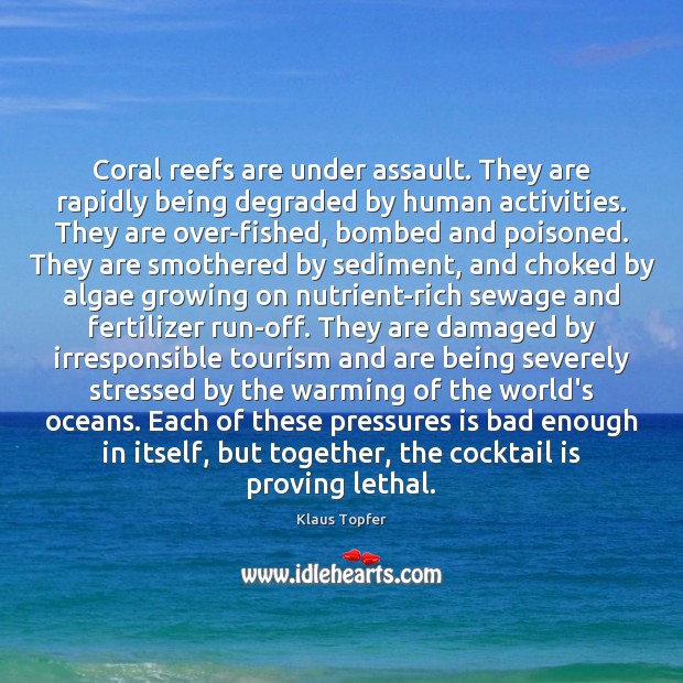 Coral reefs are under assault. They are rapidly being degraded by human Klaus Topfer Picture Quote