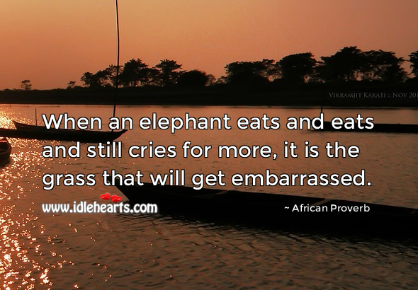 When an elephant eats and eats and still cries for more, it is the grass that will get embarrassed. African Proverbs Image