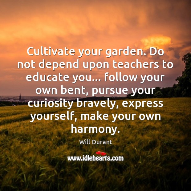 Cultivate your garden. Do not depend upon teachers to educate you… follow Will Durant Picture Quote
