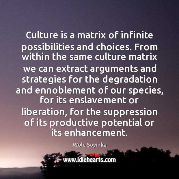 Culture is a matrix of infinite possibilities and choices. From within the Wole Soyinka Picture Quote