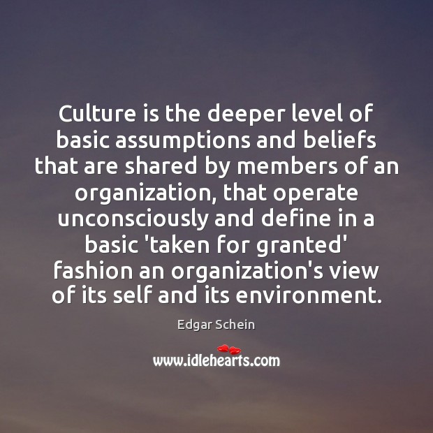 Culture is the deeper level of basic assumptions and beliefs that are 