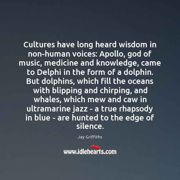 Cultures have long heard wisdom in non-human voices: Apollo, God of music, Jay Griffiths Picture Quote