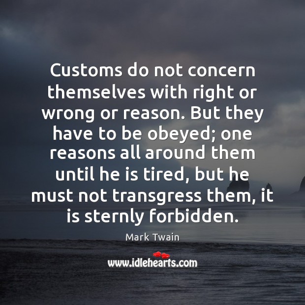 Customs do not concern themselves with right or wrong or reason. But Mark Twain Picture Quote