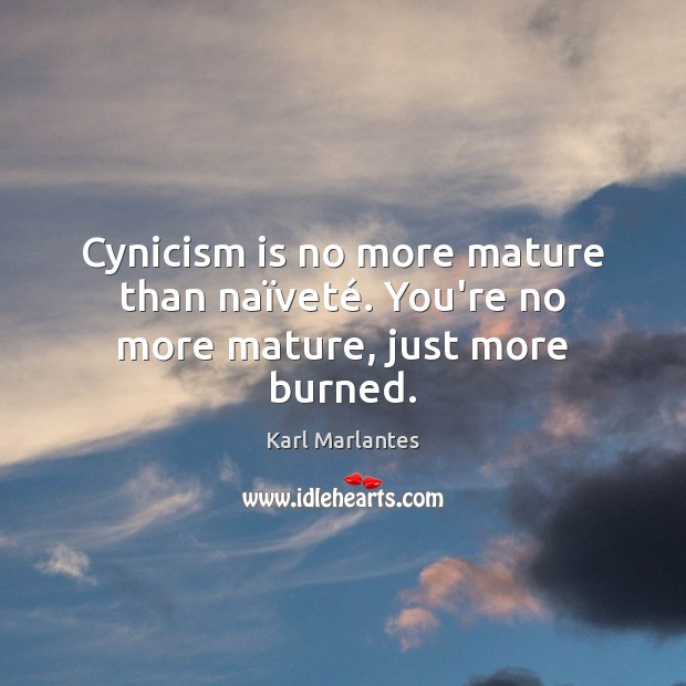 Cynicism is no more mature than naïveté. You’re no more mature, just more burned. Karl Marlantes Picture Quote