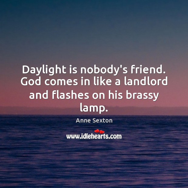 Daylight is nobody’s friend. God comes in like a landlord and flashes on his brassy lamp. Anne Sexton Picture Quote