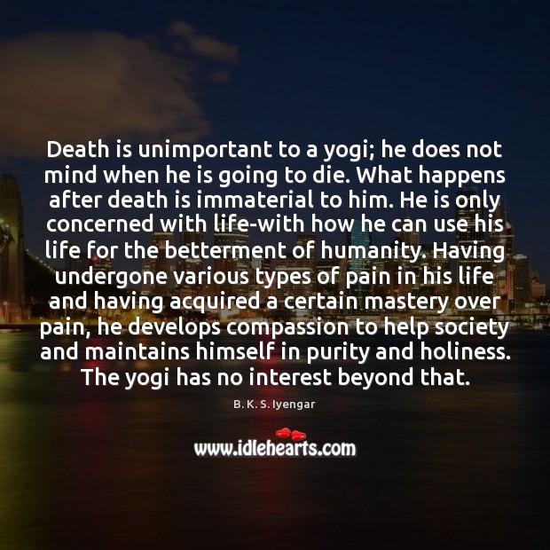 Death is unimportant to a yogi; he does not mind when he B. K. S. Iyengar Picture Quote