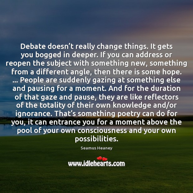 Debate doesn’t really change things. It gets you bogged in deeper. Seamus Heaney Picture Quote
