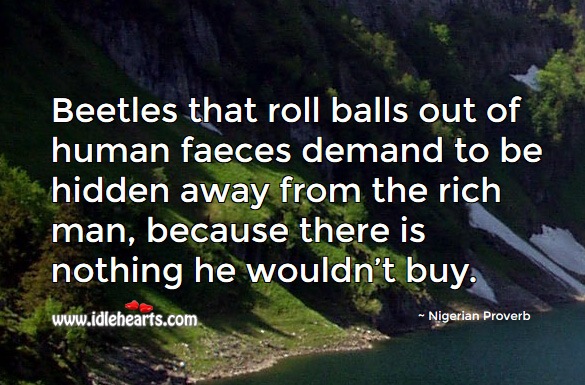 Beetles that roll balls out of human faeces demand to be hidden away from the rich man, because there is nothing he wouldn’t buy. Hidden Quotes Image
