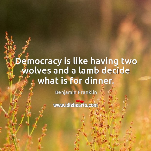 Democracy is like having two wolves and a lamb decide what is for dinner. Democracy Quotes Image