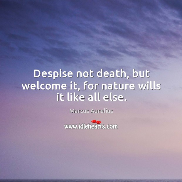 Despise not death, but welcome it, for nature wills it like all else. Marcus Aurelius Picture Quote