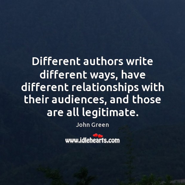 Different authors write different ways, have different relationships with their audiences, and John Green Picture Quote