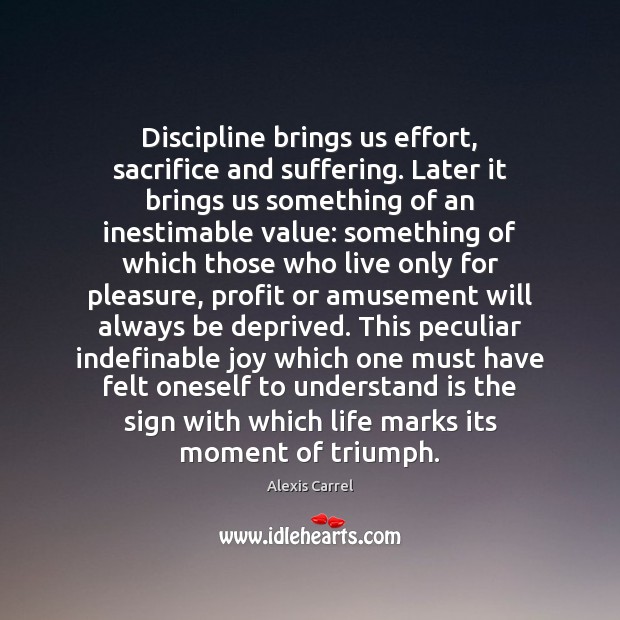 Discipline brings us effort, sacrifice and suffering. Later it brings us something Alexis Carrel Picture Quote
