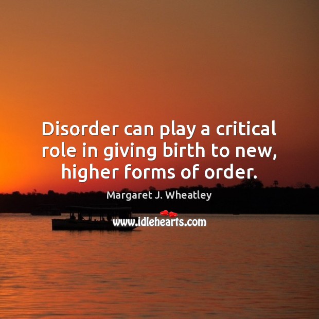 Disorder can play a critical role in giving birth to new, higher forms of order. Margaret J. Wheatley Picture Quote