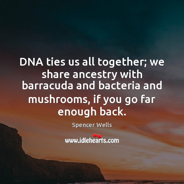 DNA ties us all together; we share ancestry with barracuda and bacteria Spencer Wells Picture Quote
