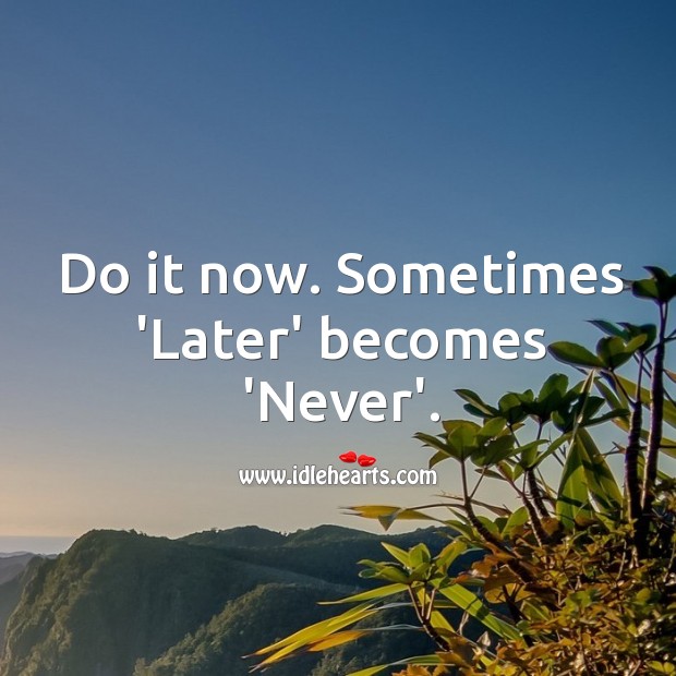 Do it now. Sometimes ‘later’ becomes ‘never’. Motivational Quotes Image
